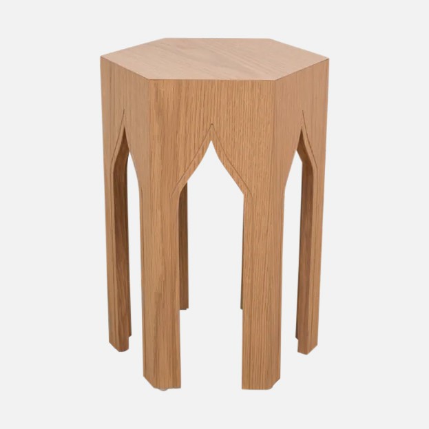 a small wooden table with an arch in the middle