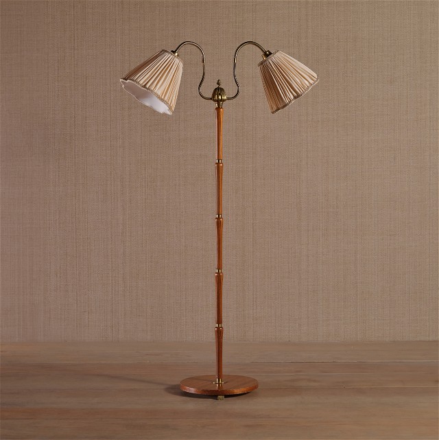 Mid-1900s Wood and Brass Floor Lamp