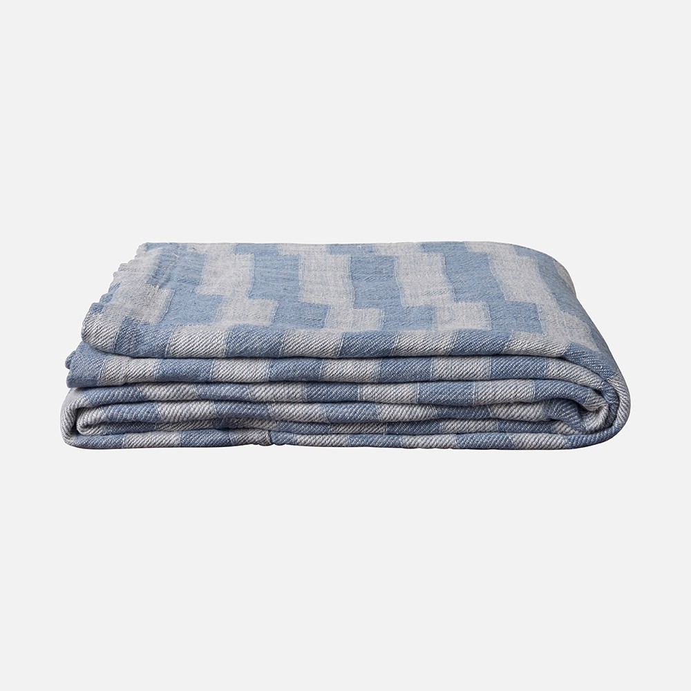 a blue and white blanket folded on top of each other