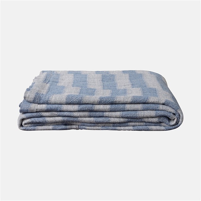 a blue and white blanket folded on top of each other