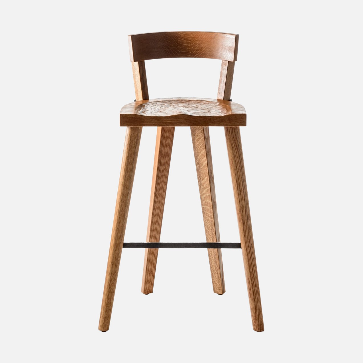 a wooden stool with a wooden seat on a white background