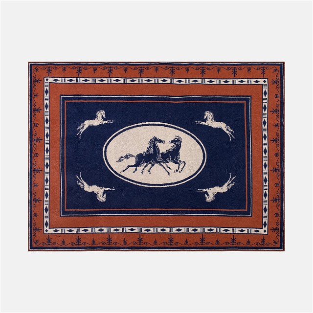 a picture of a horse and rider on a rug