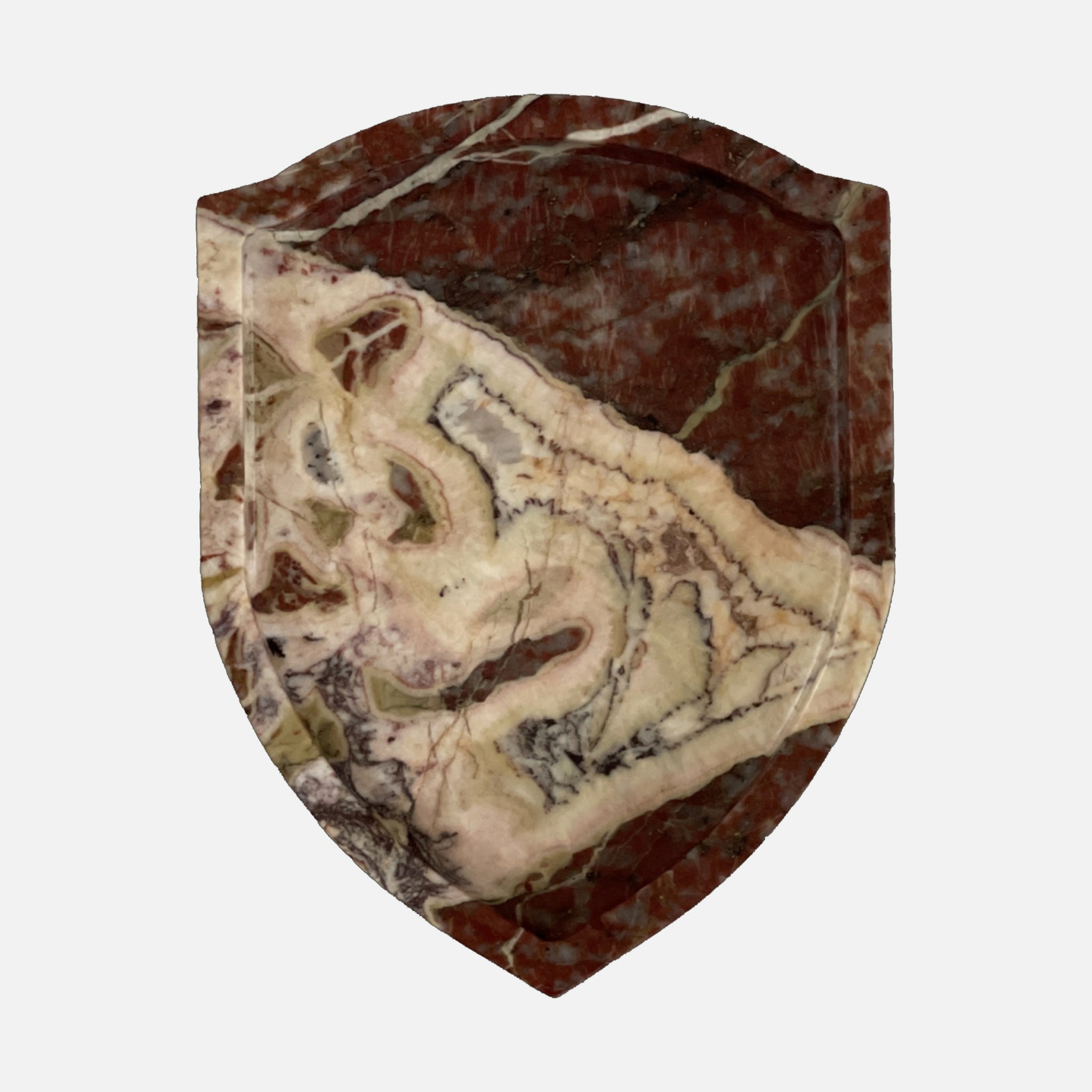 a brown and white marble shield with a white background