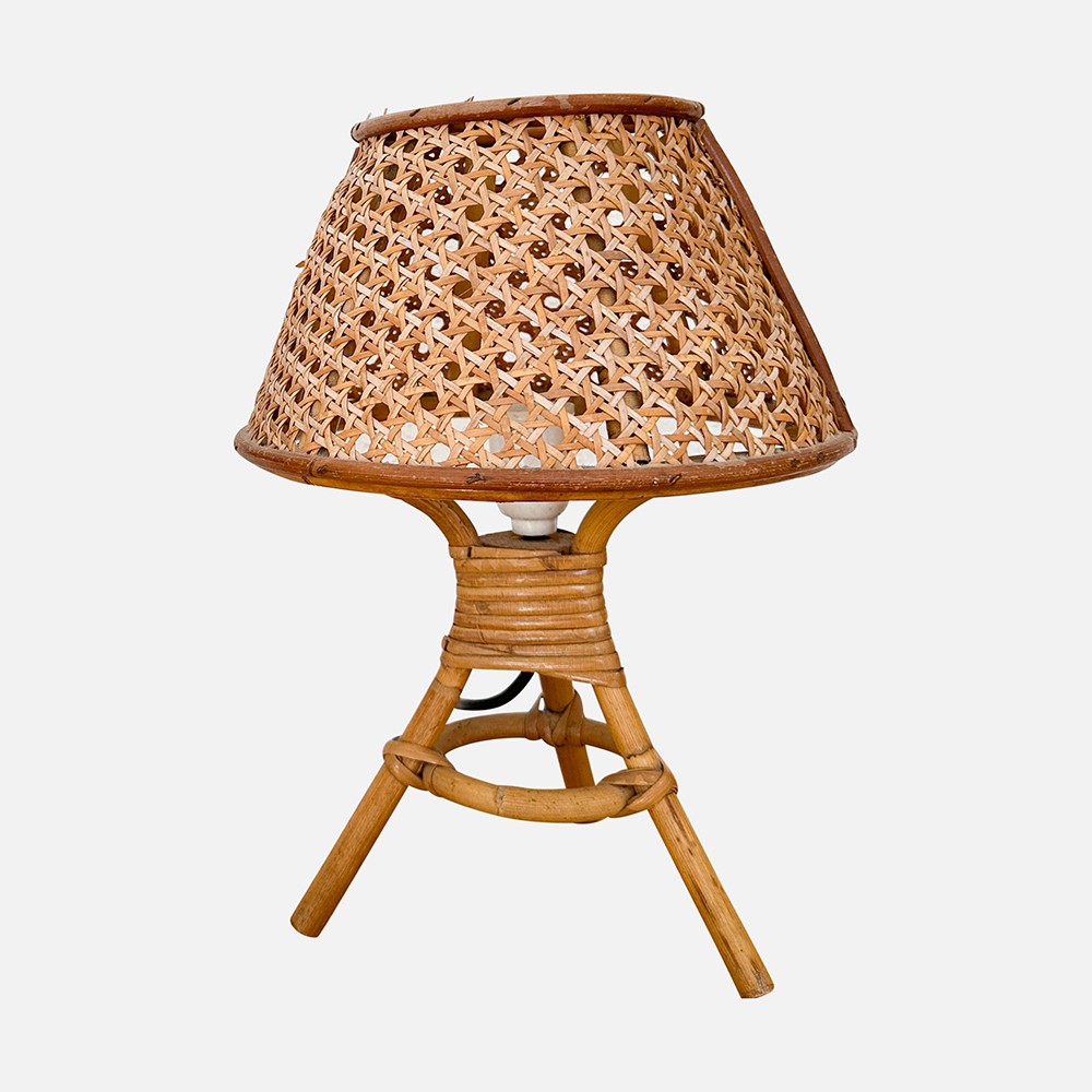 a wooden table lamp with a woven shade