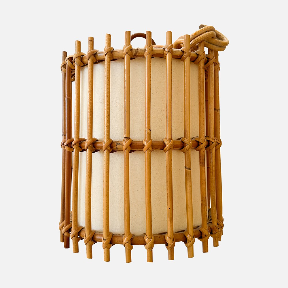 a close up of a bamboo lamp shade