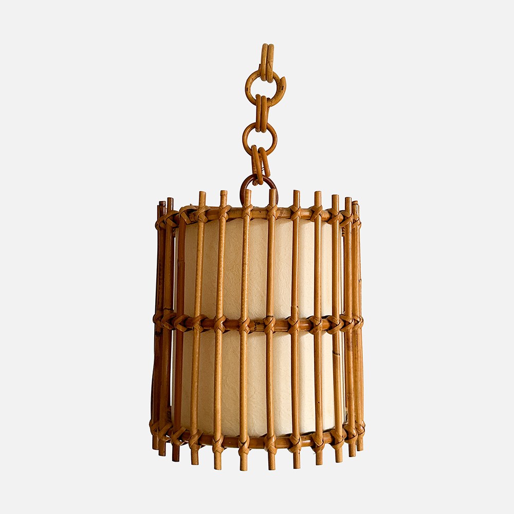 a wooden light fixture hanging from a chain