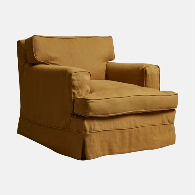 a brown chair with a tan cover on it