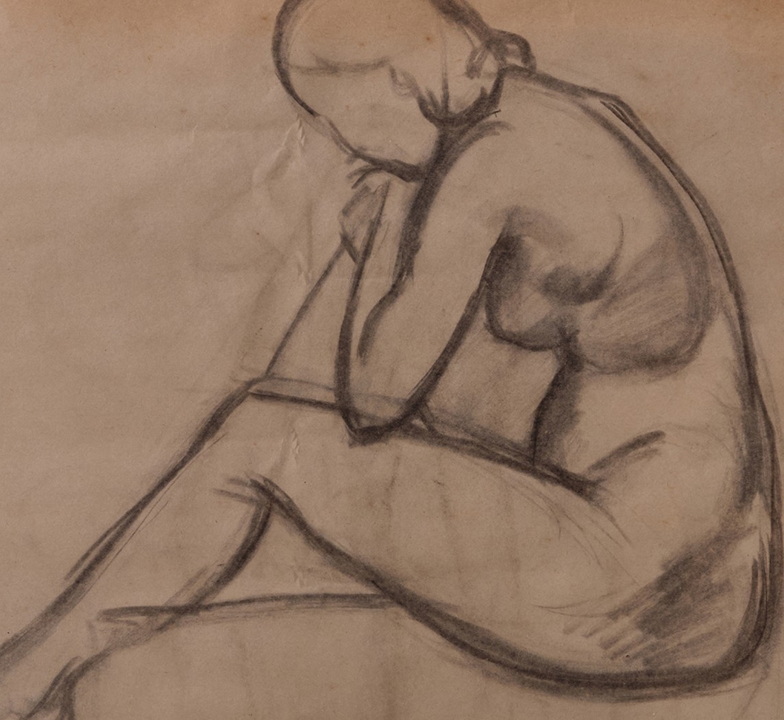 a drawing of a naked woman sitting on the ground