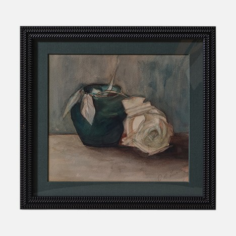 a painting of a green vase and a white rose