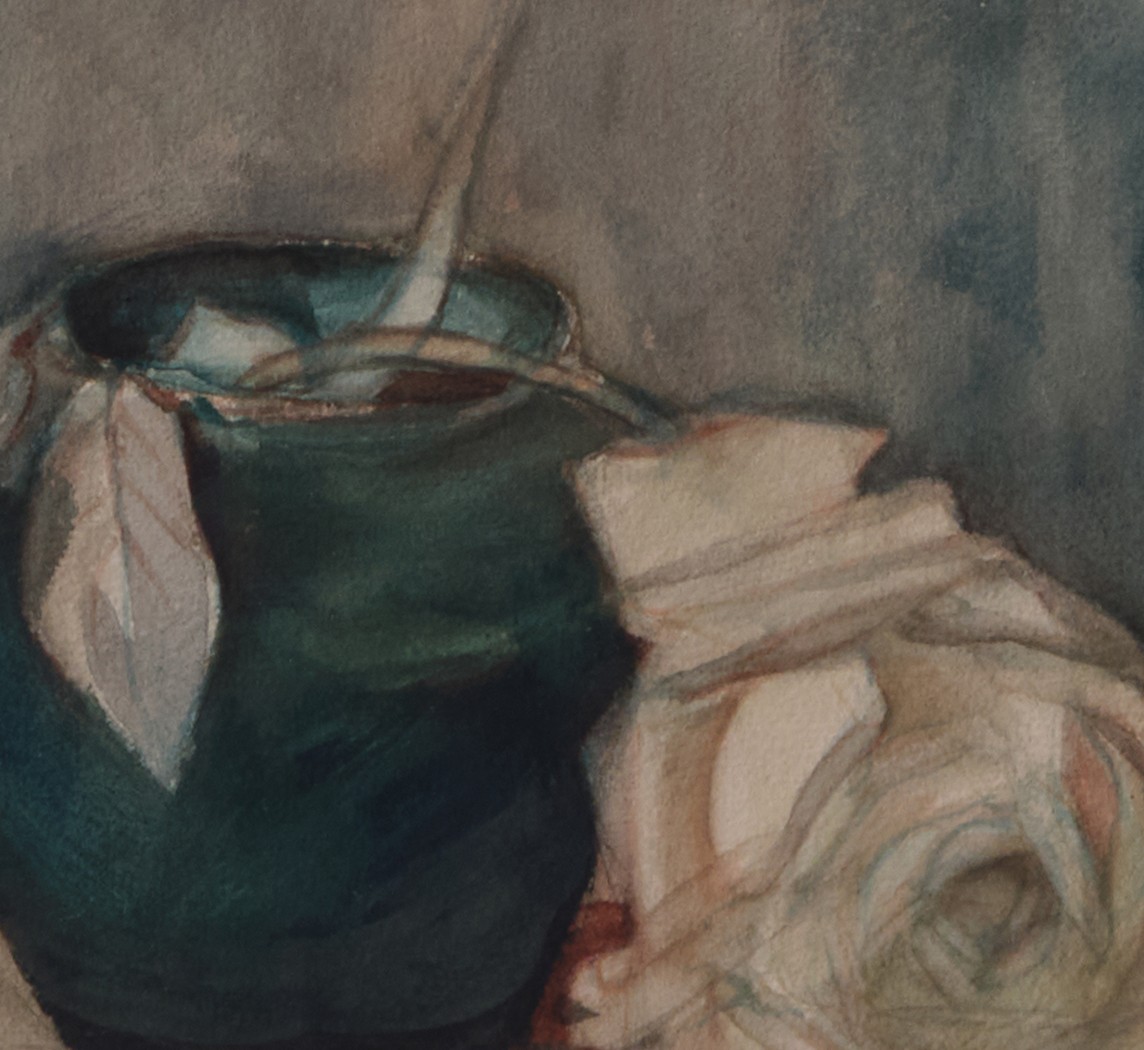 a painting of a green vase with a white rose