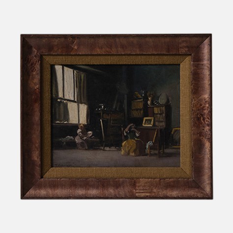a painting of a dog and a cat in a room