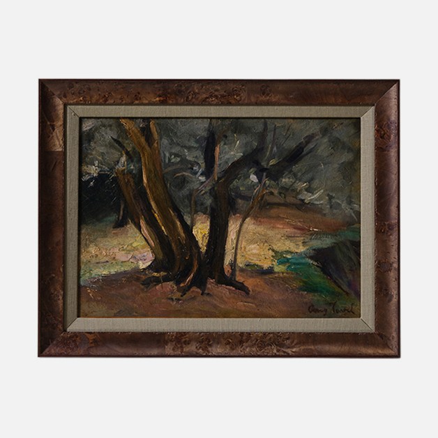 a painting of two trees in a forest