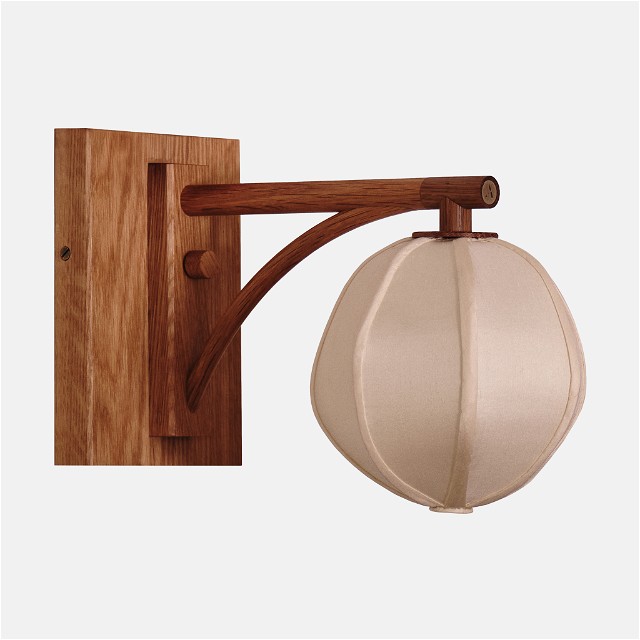 a wooden wall light with a white glass shade