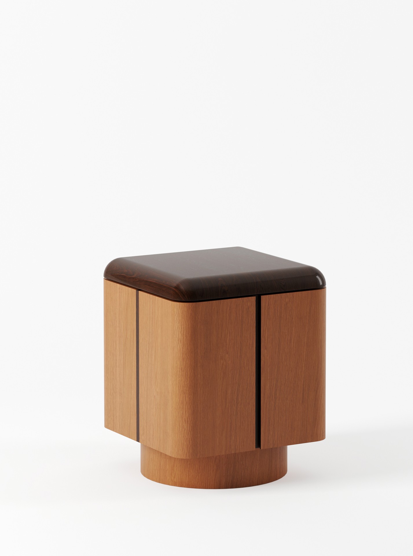 a wooden stool with a black leather seat