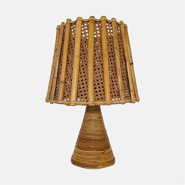 a lamp made out of wicker with a brown shade