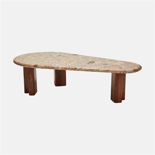 a marble table with wooden legs on a white background