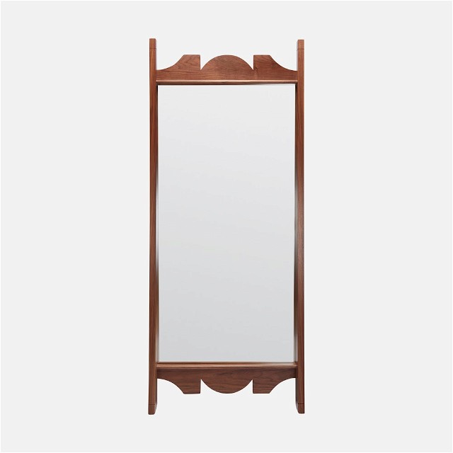 a wooden mirror on a white background