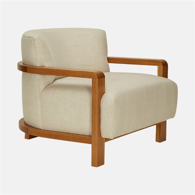 a chair with a wooden frame and a beige upholstered seat