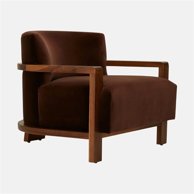 a brown chair with a wooden frame and arm rest