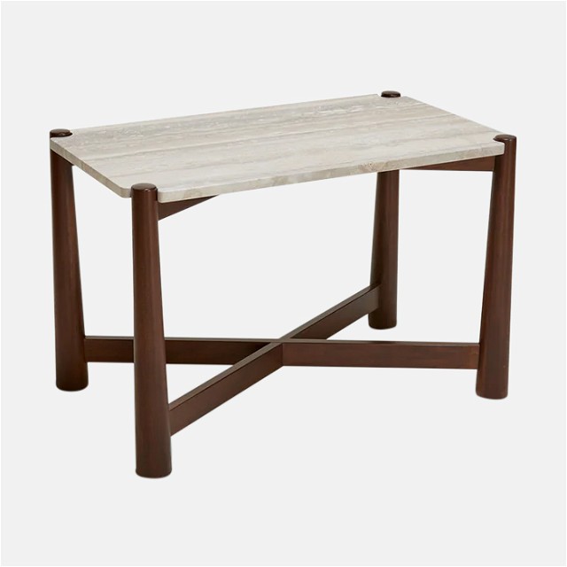 a wooden table with a white marble top