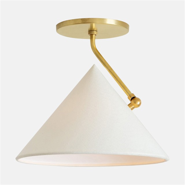 a white and gold ceiling light with a white shade