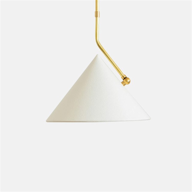 a white and gold hanging light with a white cone shade