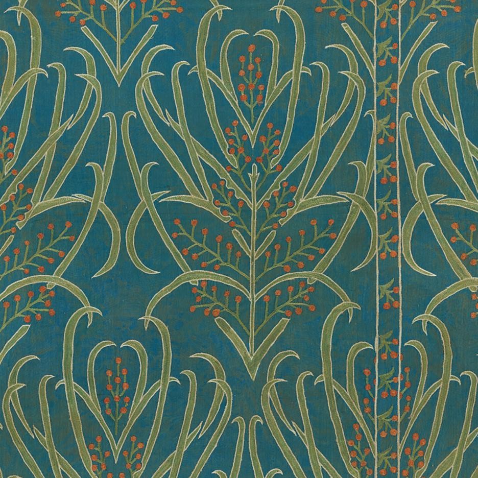 a blue and green wallpaper with red flowers on it