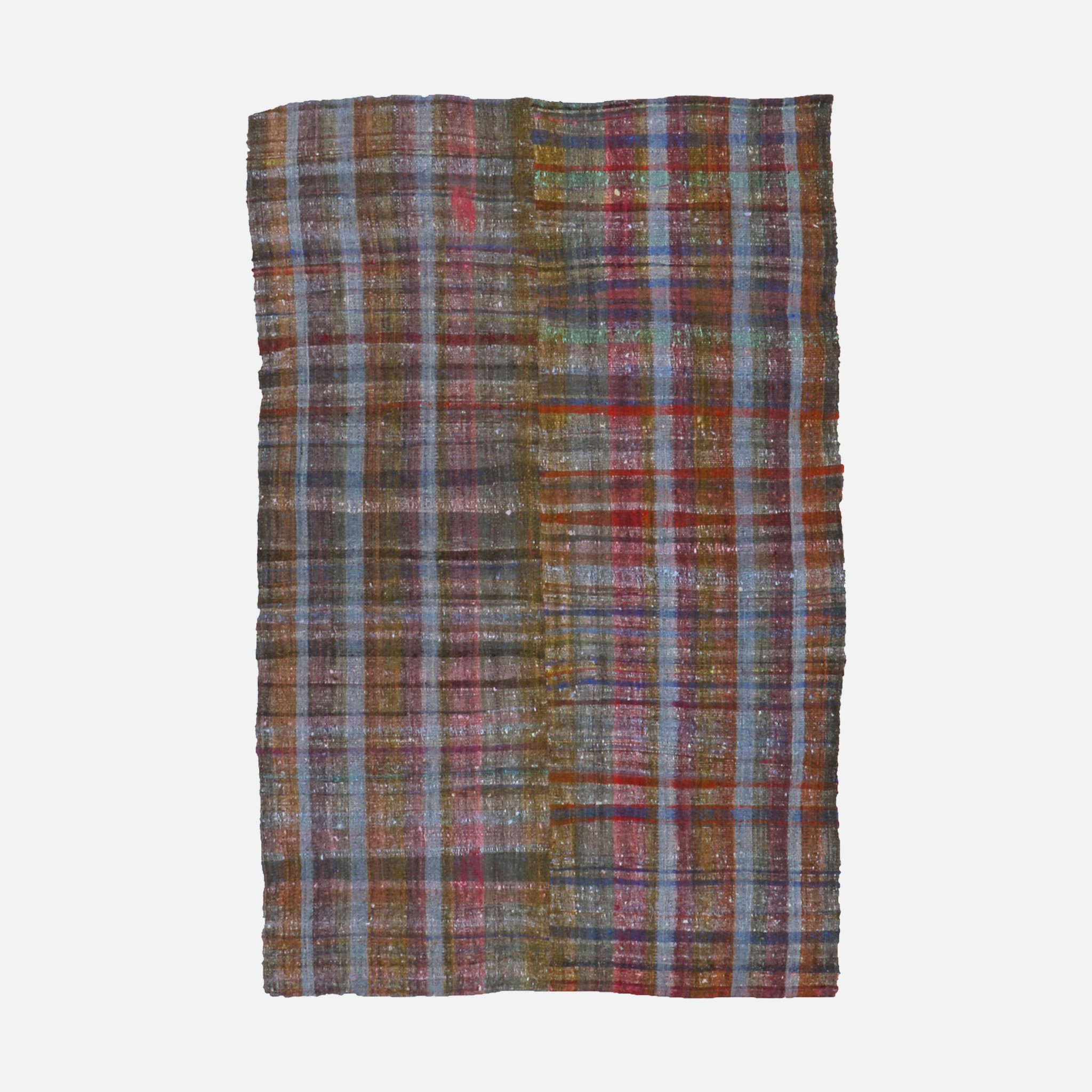 a multicolored plaid rug on a white background