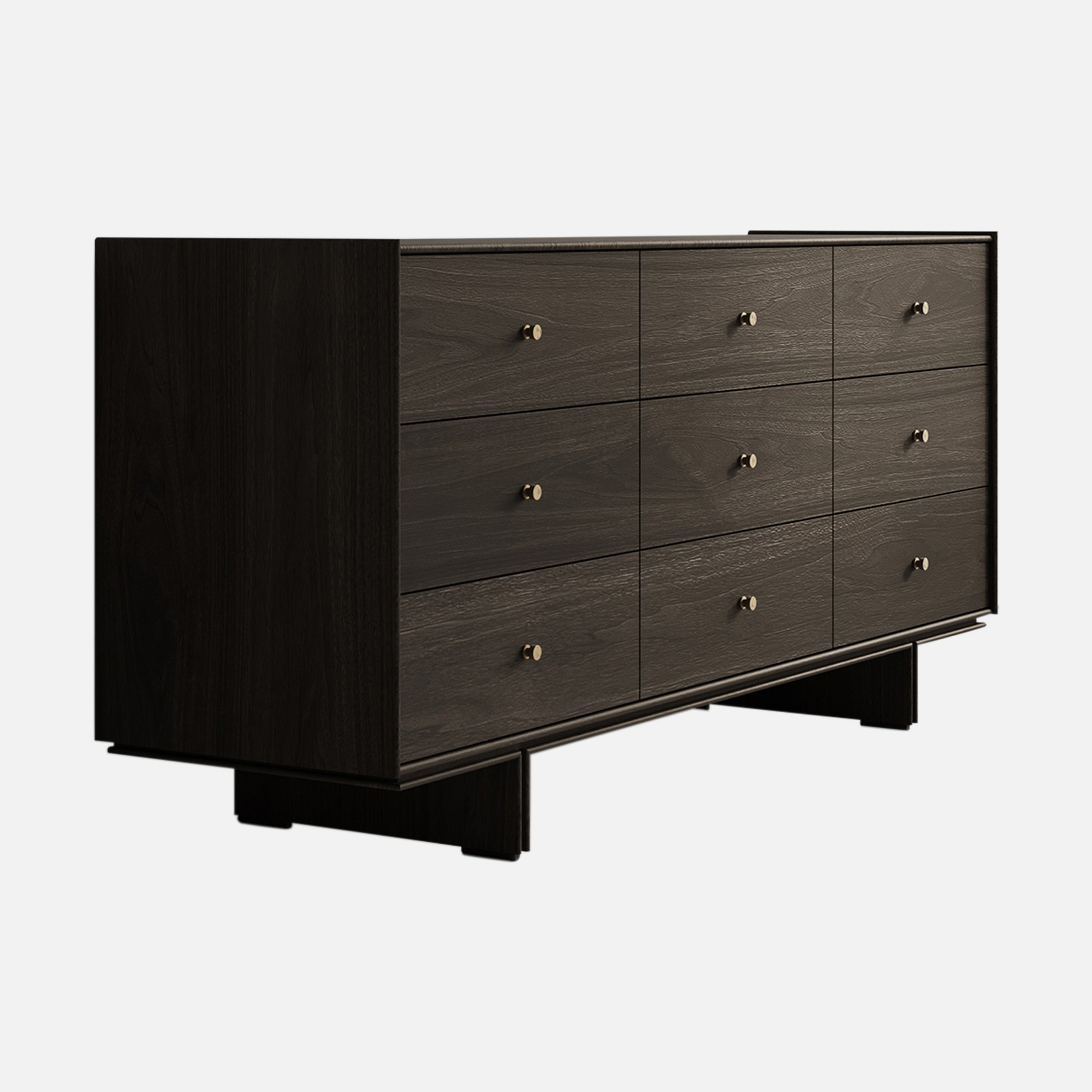 a black and brown dresser sitting on top of a white wall
